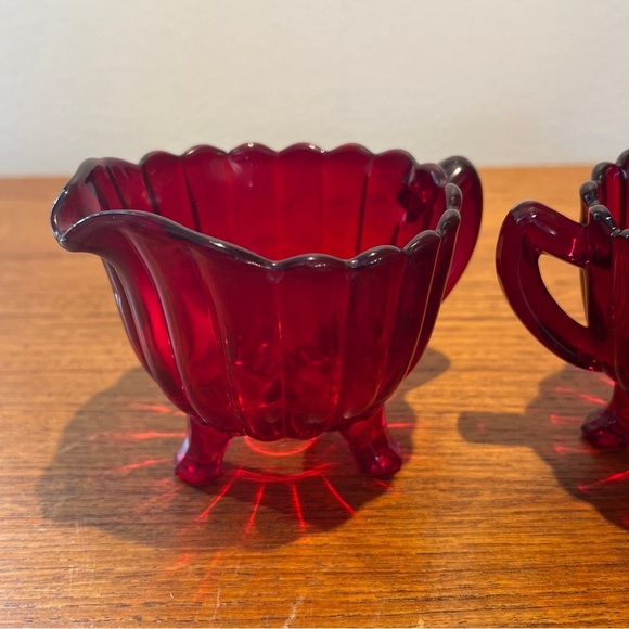 Vintage Imperial Glass Ruby Red Pillar Flute Footed Creamer and Open Sugar - Picture 7 of 8